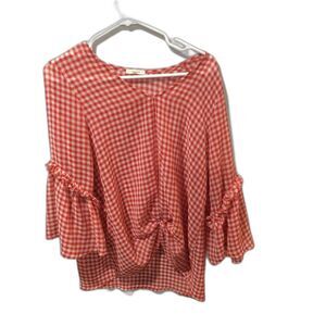 Pleione Large L tie front red checked sheer top ruffled long sleeve womens
